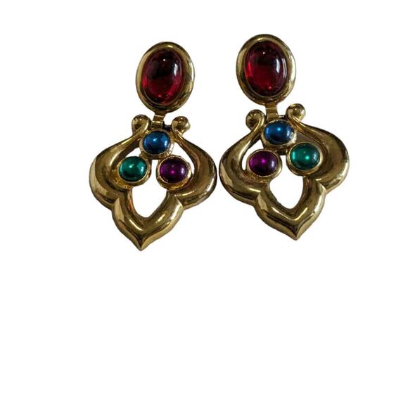 Vtg Gold Tone Gripoix Cabochon Drop Earrings purple green blue Red Colorful 80s - Picture 3 of 8